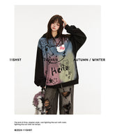 A person with long hair wears a Seakoff Pastel Cat Graffiti Hoodie, featuring vibrant cat and star designs. They pair it with ripped jeans and hold a small bag. The image displays "11SH97 2024 S/S AUTUMN / WINTER" and emphasizes streetwear style with a tagline at the bottom.