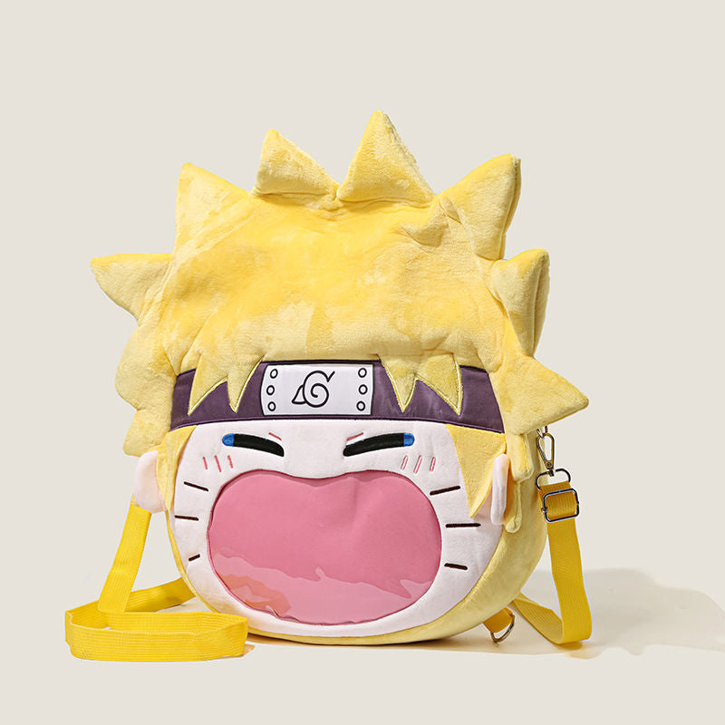 The Seakoff Naruto Uzumaki Plush Shoulder Bag features a round, yellow cartoon design with spiky hair, headband swirl symbol, transparent mouth pocket, and a top zippered opening. It includes a yellow strap—ideal for any Ninja Fan Accessories collection.