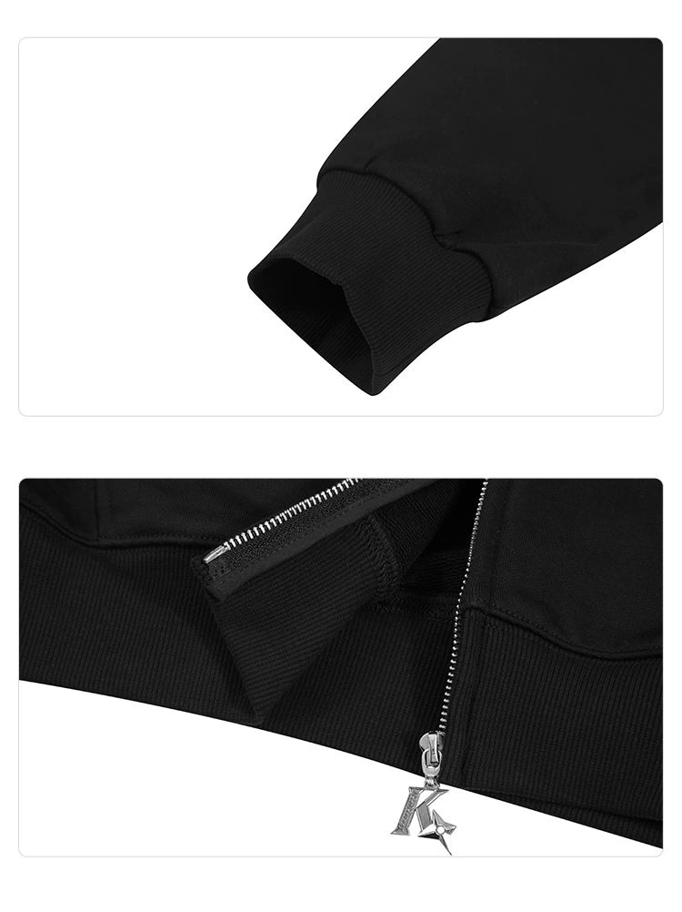 The Berserk-Inspired Griffith Dark Knight Hoodie is showcased in black with detailed views of the ribbed sleeve cuff and a metallic "K" zipper pull.