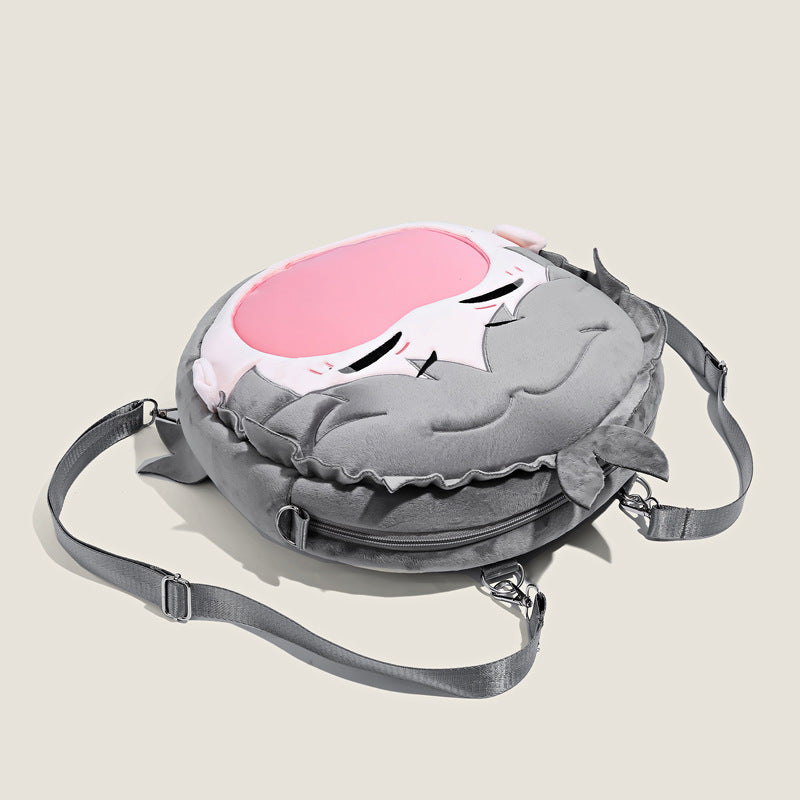 The Seakoff Haikyuu!! Kageyama Tobio Plush Shoulder Bag is a fun anime-themed crossbody featuring a cartoon cat face with pink sleeping mask and lashes. It has gray fur, an adjustable strap, and a transparent mouth pocket, making it the perfect accessory for cosplay.