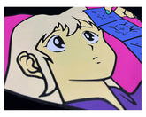 A close-up of the Seakoff Retro Anime Hoodie displays a character with light hair and large eyes on a pink background, gazing upward. The design captures nostalgic vibes with retro anime hoodie aesthetics, featuring a hand holding a blue rectangle at the top.