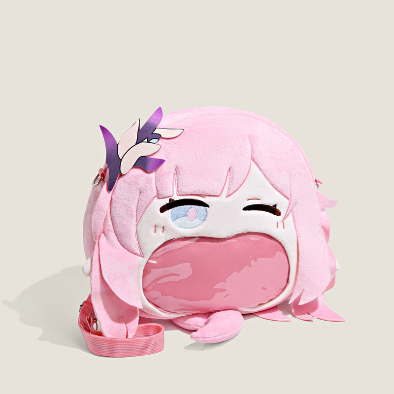 The Seakoff Honkai Impact 3rd Seele Vollerei Plush Shoulder Bag has a fun anime design with long pink hair, a pink strap, and features one eye open and one winking. It includes a transparent mouth pocket for added charm.