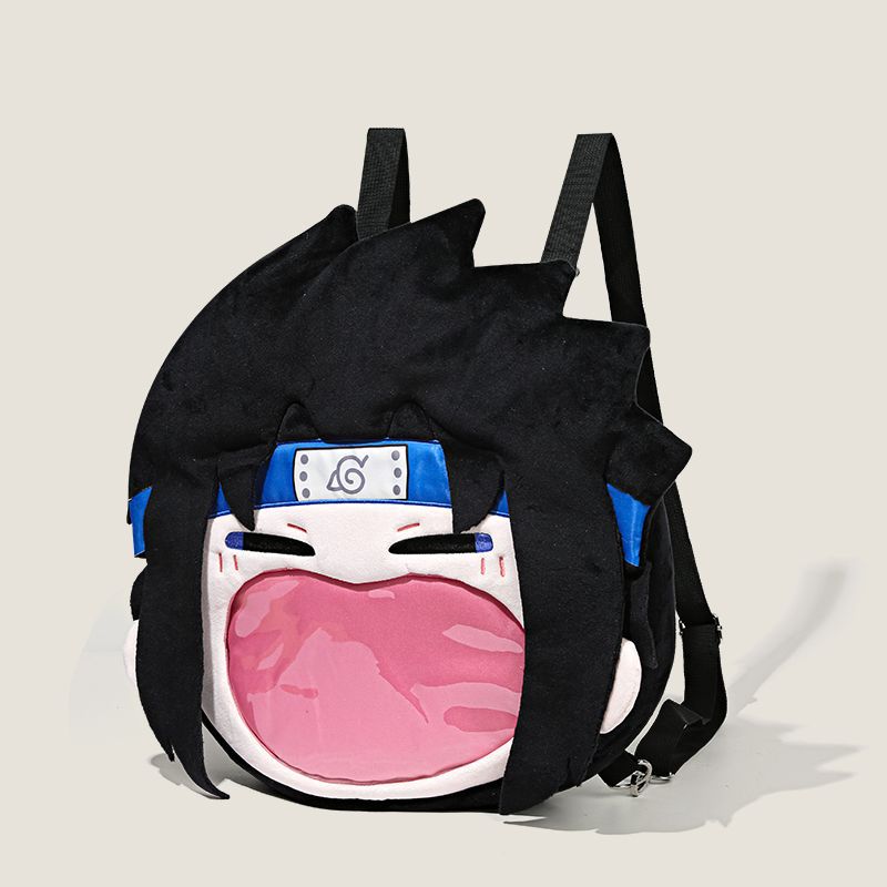 The Seakoff Naruto Sasuke Uchiha Plush Shoulder Bag features a spiky black-haired character with a transparent pink mouth pocket, adjustable black straps, and a blue headband with a white symbol, capturing the essence of your favorite anime collectible backpack.