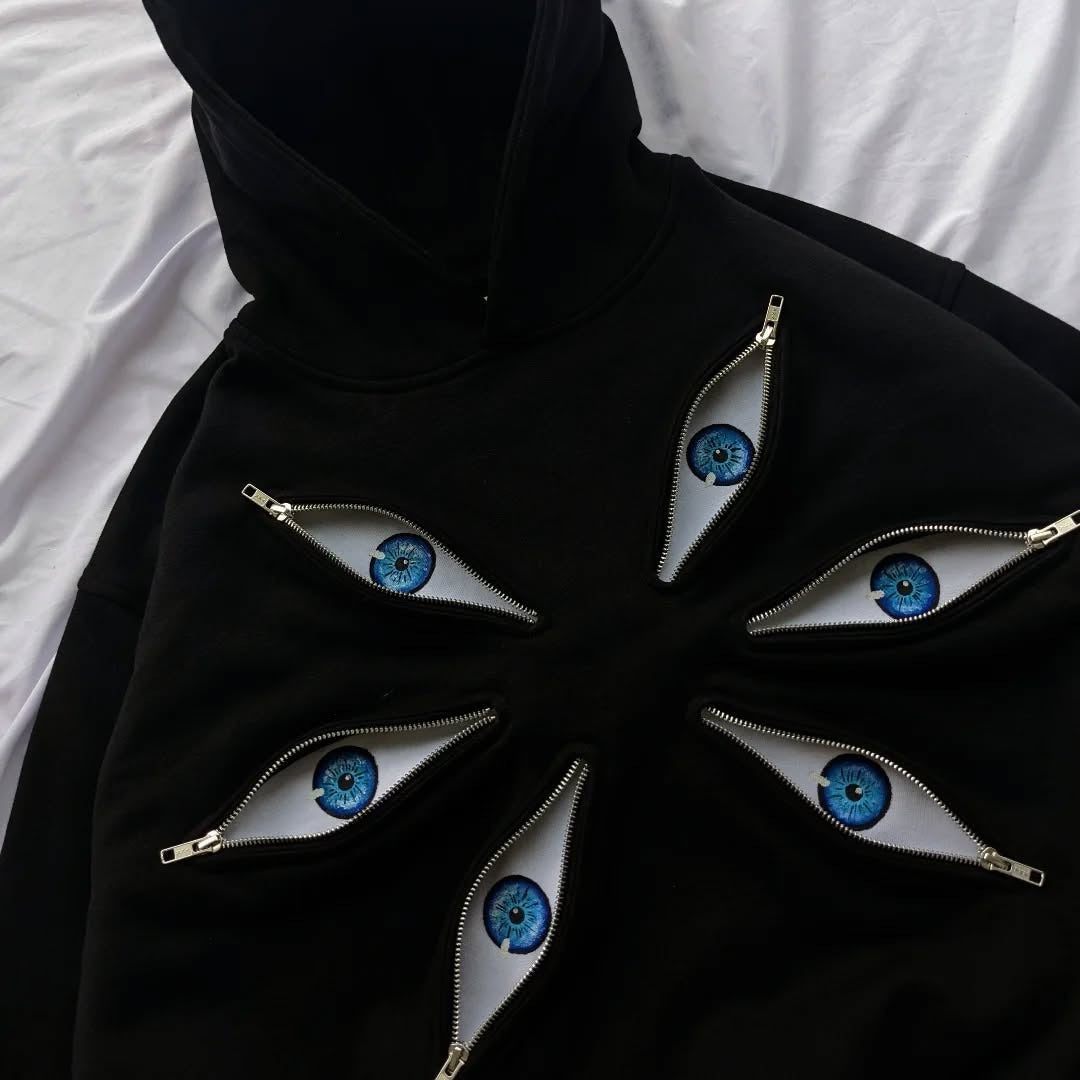 Anime-Inspired 400GSM Heavy Cotton Hoodie with Interactive Zipper Eyes - Black