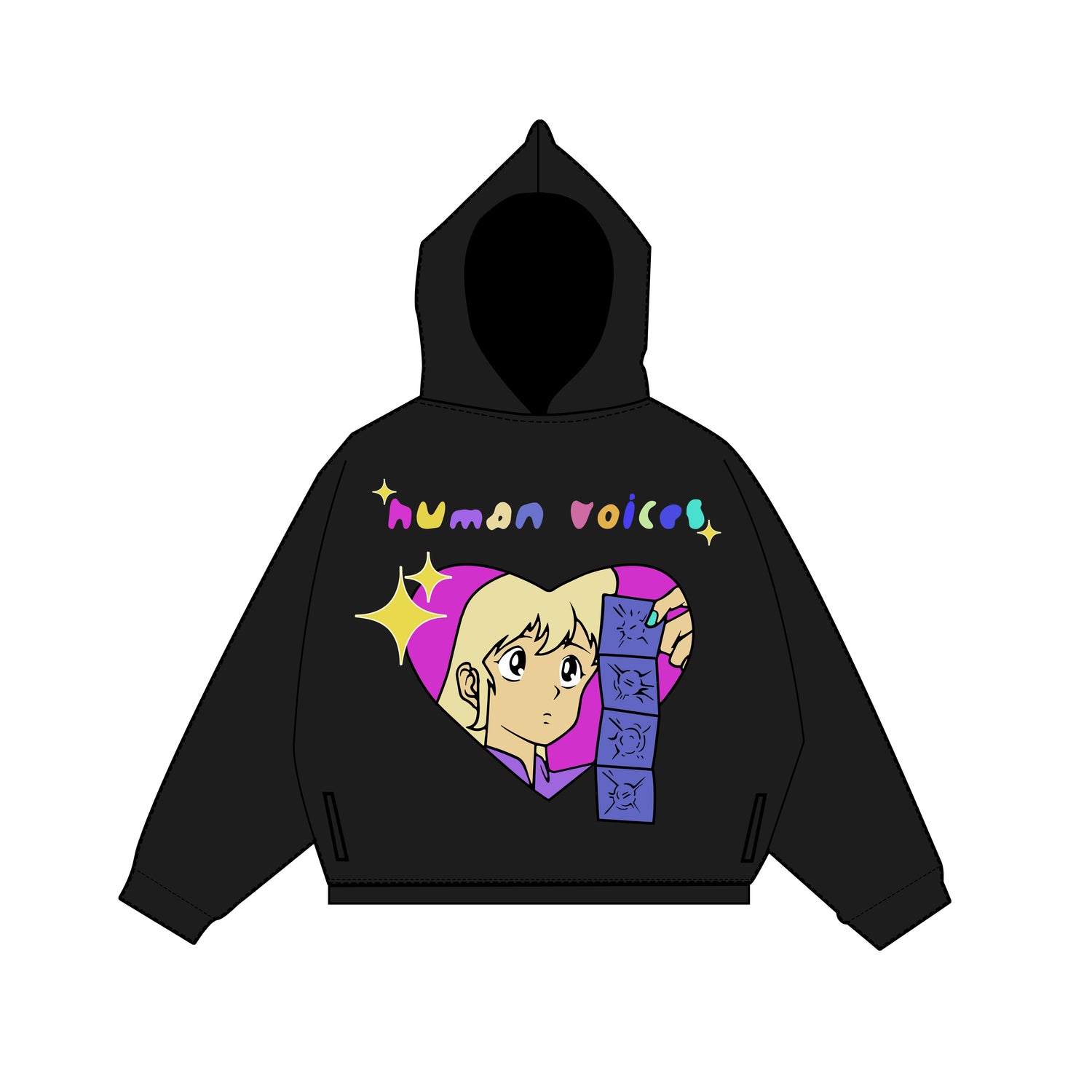 The Seakoff Retro Anime Hoodie features a black hooded pullover with an animated face in a heart, "human voices" in colorful retro letters, and a vertical strip of small drawings for a nostalgic vibe.