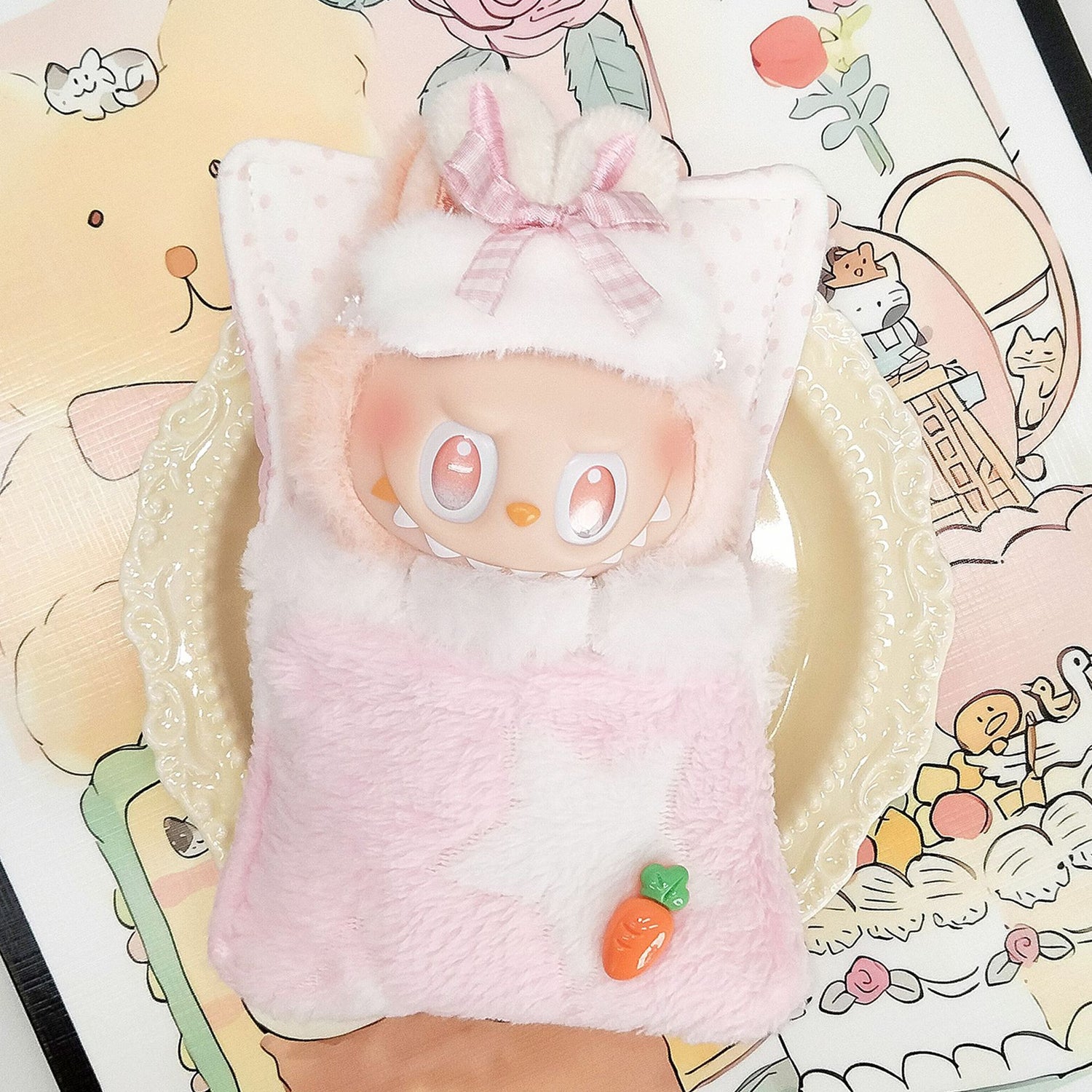 Labubu Pink Cat-Ear Hooded Blanket Wrap – All-Series Doll Clothes