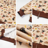 Six images showcase the MKCH Dog Print Hoodie by Seakoff. This fashionable full-zip jacket features a beige background with colorful dog and bone graphics. The images highlight its playful design, cuffs, zipper, and interior lining of this trendy puppy-patterned hoodie.