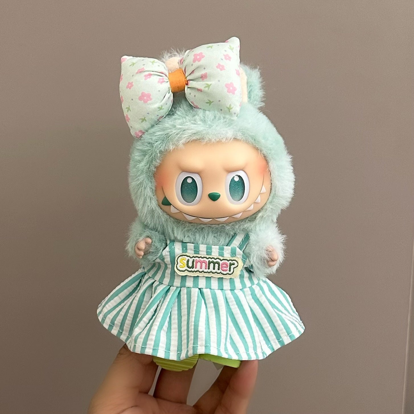 Labubu Mint Fuzzy Hoodie Dress Set with Flower Bow – All‑Series Doll Clothes