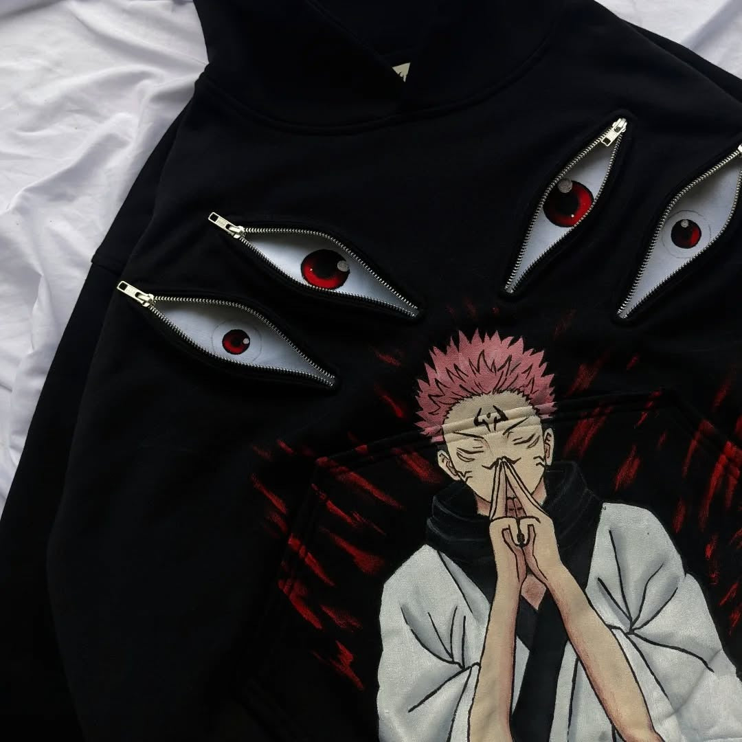 Sukuna Inspired 400GSM Heavy Cotton Hoodie with Zipper Eyes - Black