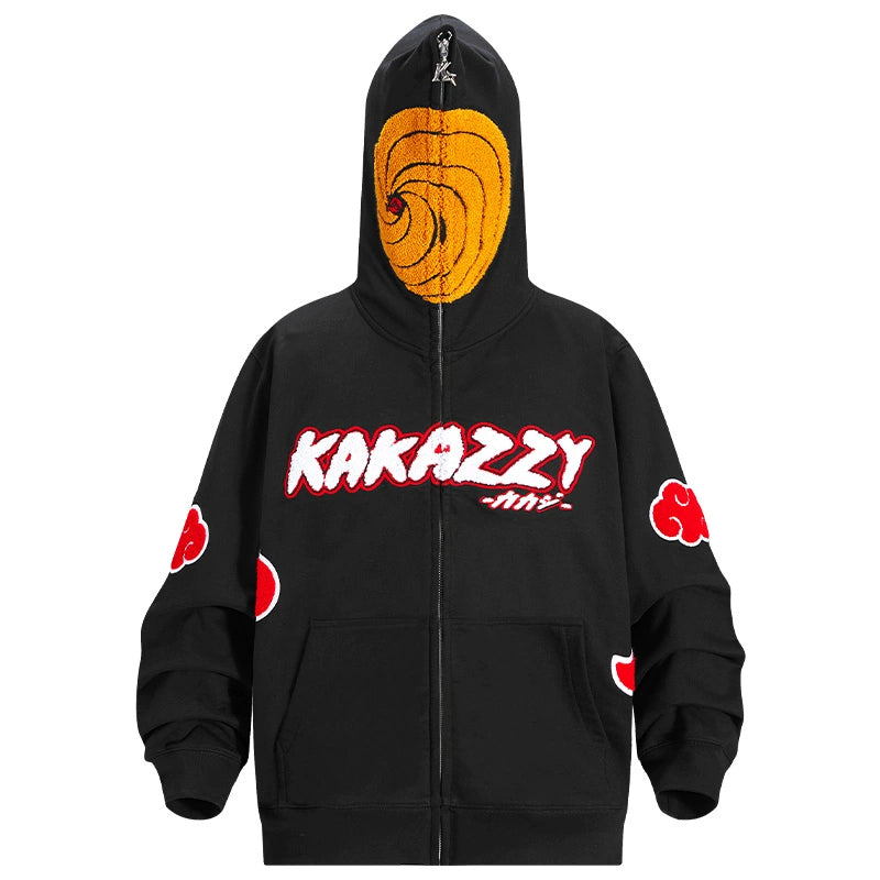 The Seakoff Uchiha Obito-Inspired Hoodie features bold "KAKAZZY" text and showcases the Akatsuki Cloud design on the black sleeves, along with an iconic spiral mask on the hood, perfect for Naruto fans.