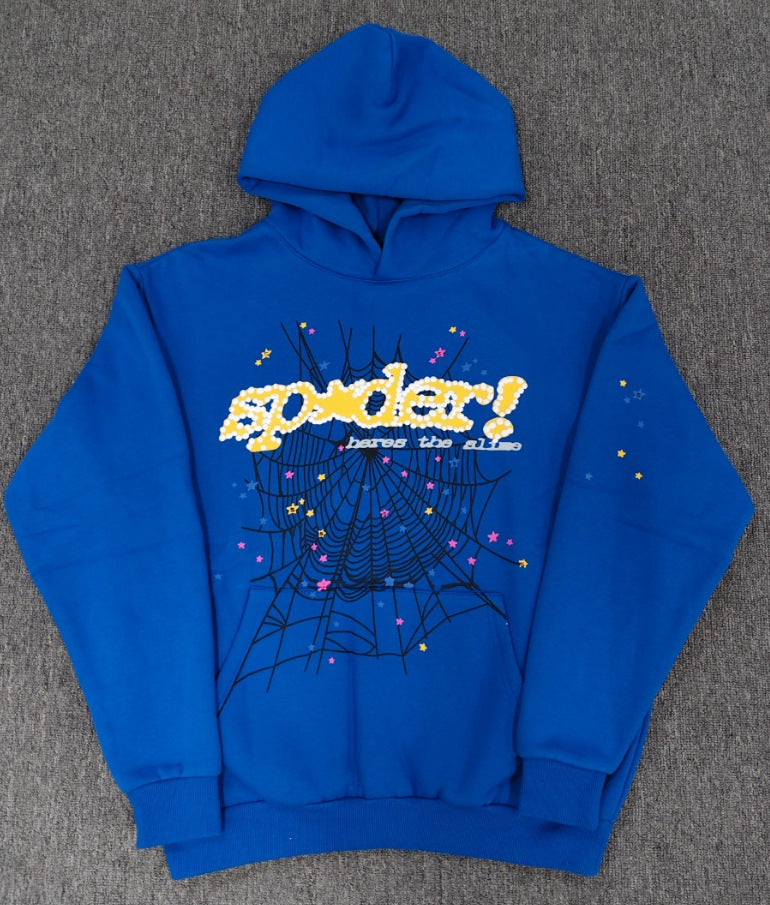 Sp5der “Hares the Slime” Hoodie (440GSM) – Royal Blue Fuzzy Logo Spider-Web Graphic