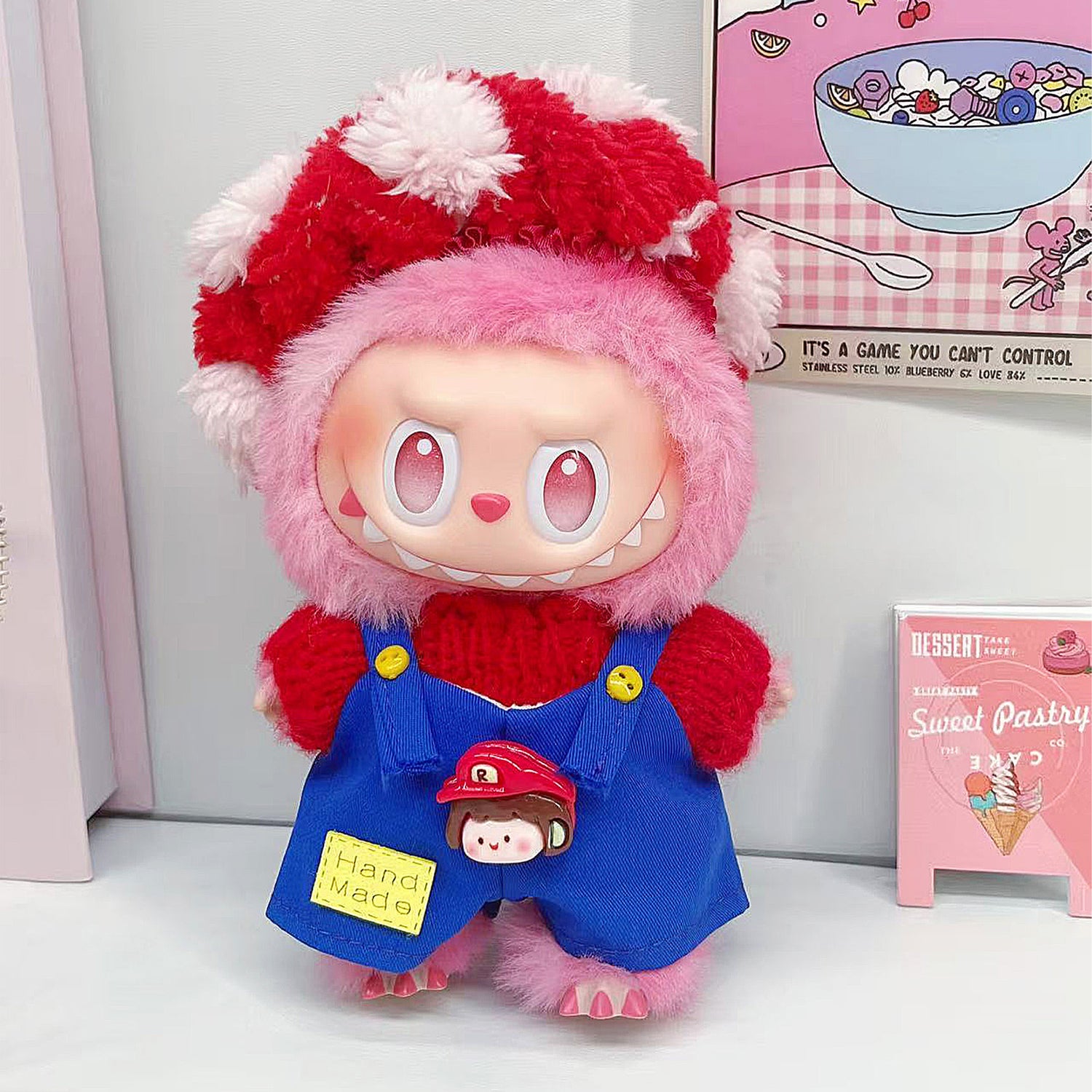 Labubu Red Knit Sweater & Blue Overalls Outfit – All-Series Doll Clothes