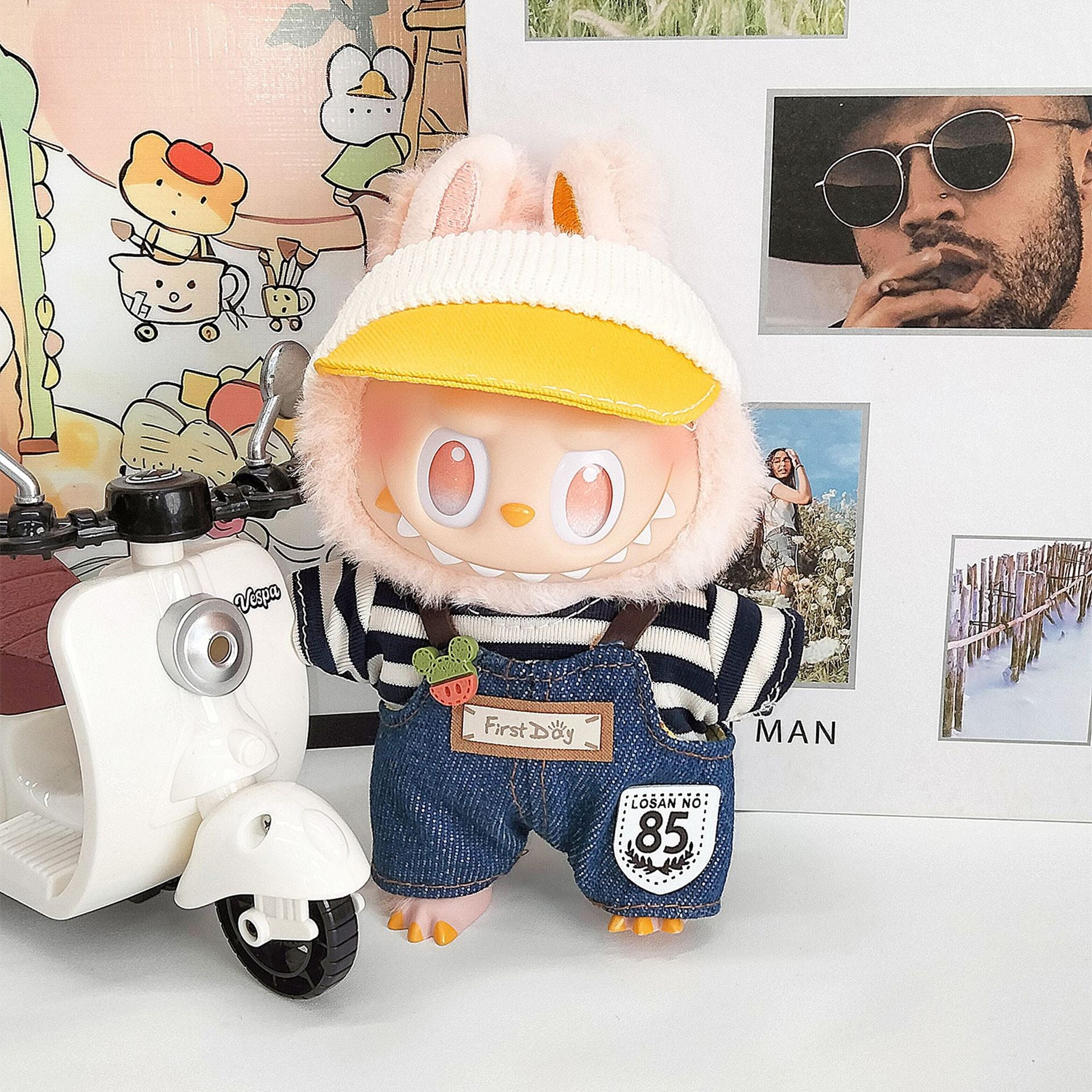 Labubu Striped Tee & Denim Overalls with Sun Visor Outfit – All-Series Doll Clothes