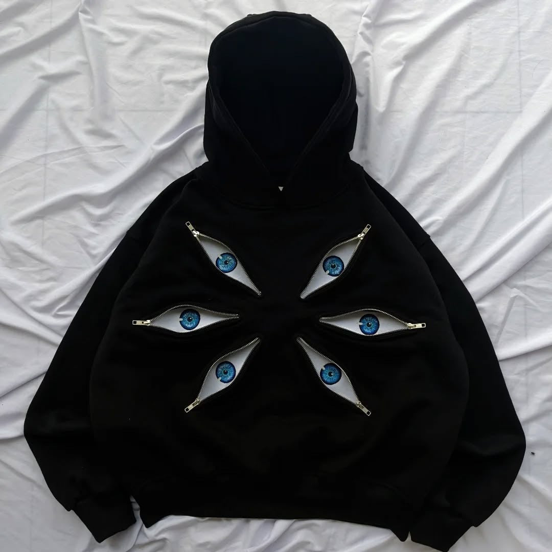 Anime-Inspired 400GSM Heavy Cotton Hoodie with Interactive Zipper Eyes - Black