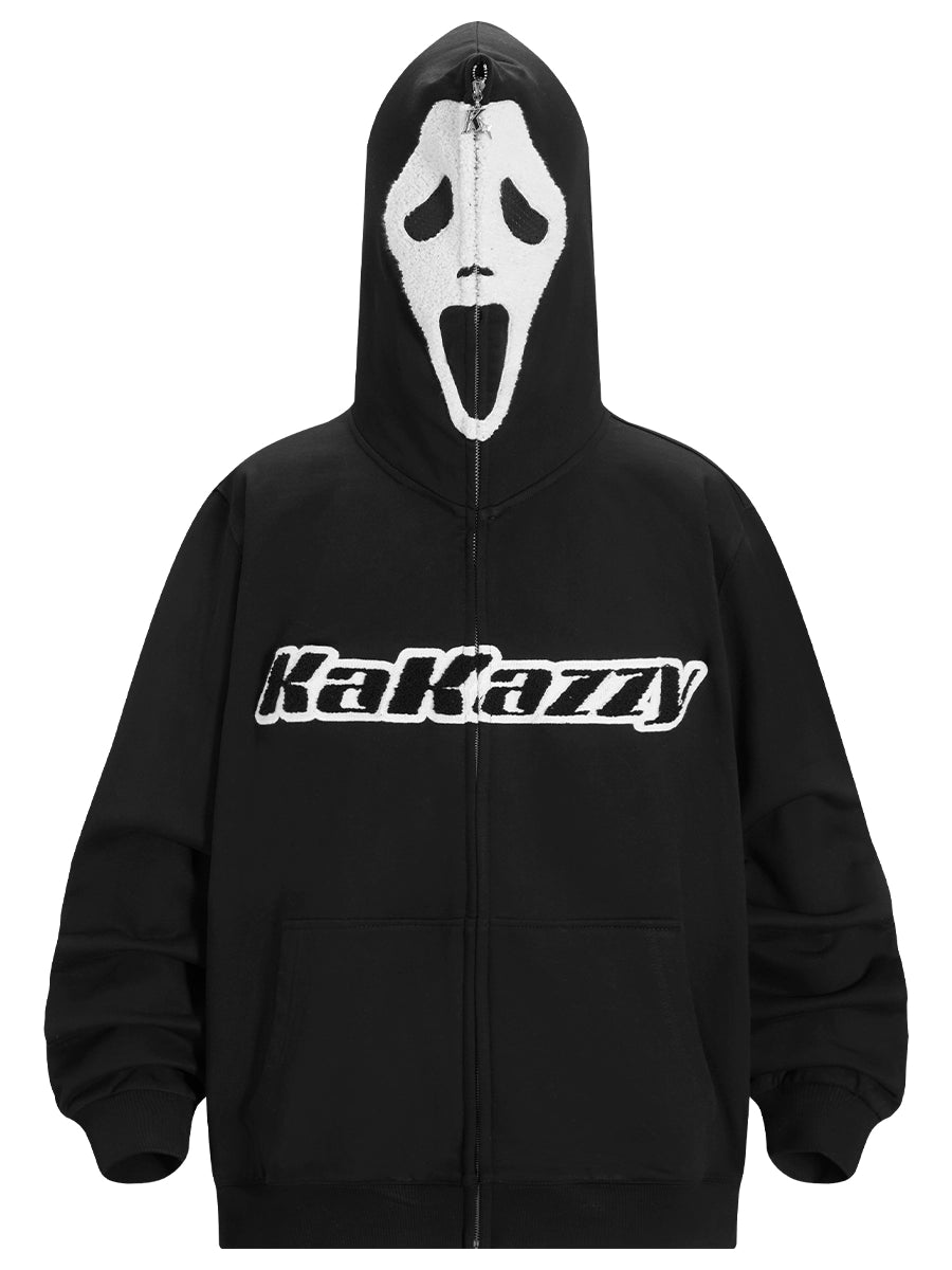 The Seakoff Scream-Inspired Hoodie is a 400GSM oversized black zip-up sweatshirt featuring a hood with a white Ghostface design and "KaKazzy" printed in white on the chest. Perfect for horror fans, it also includes convenient front pockets.