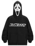 The Seakoff Scream-Inspired Hoodie is a 400GSM oversized black zip-up sweatshirt featuring a hood with a white Ghostface design and "KaKazzy" printed in white on the chest. Perfect for horror fans, it also includes convenient front pockets.