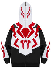 The Seakoff Superhero-Inspired Hoodie is an oversized 400GSM black zip-up streetwear sweatshirt featuring bold red and white graphic designs. The hood has a red eye-like pattern, with red sleeve accents, and a zipper extending to the top for comic book fans.