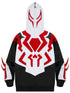 The Seakoff Superhero-Inspired Hoodie is an oversized 400GSM black zip-up streetwear sweatshirt featuring bold red and white graphic designs. The hood has a red eye-like pattern, with red sleeve accents, and a zipper extending to the top for comic book fans.