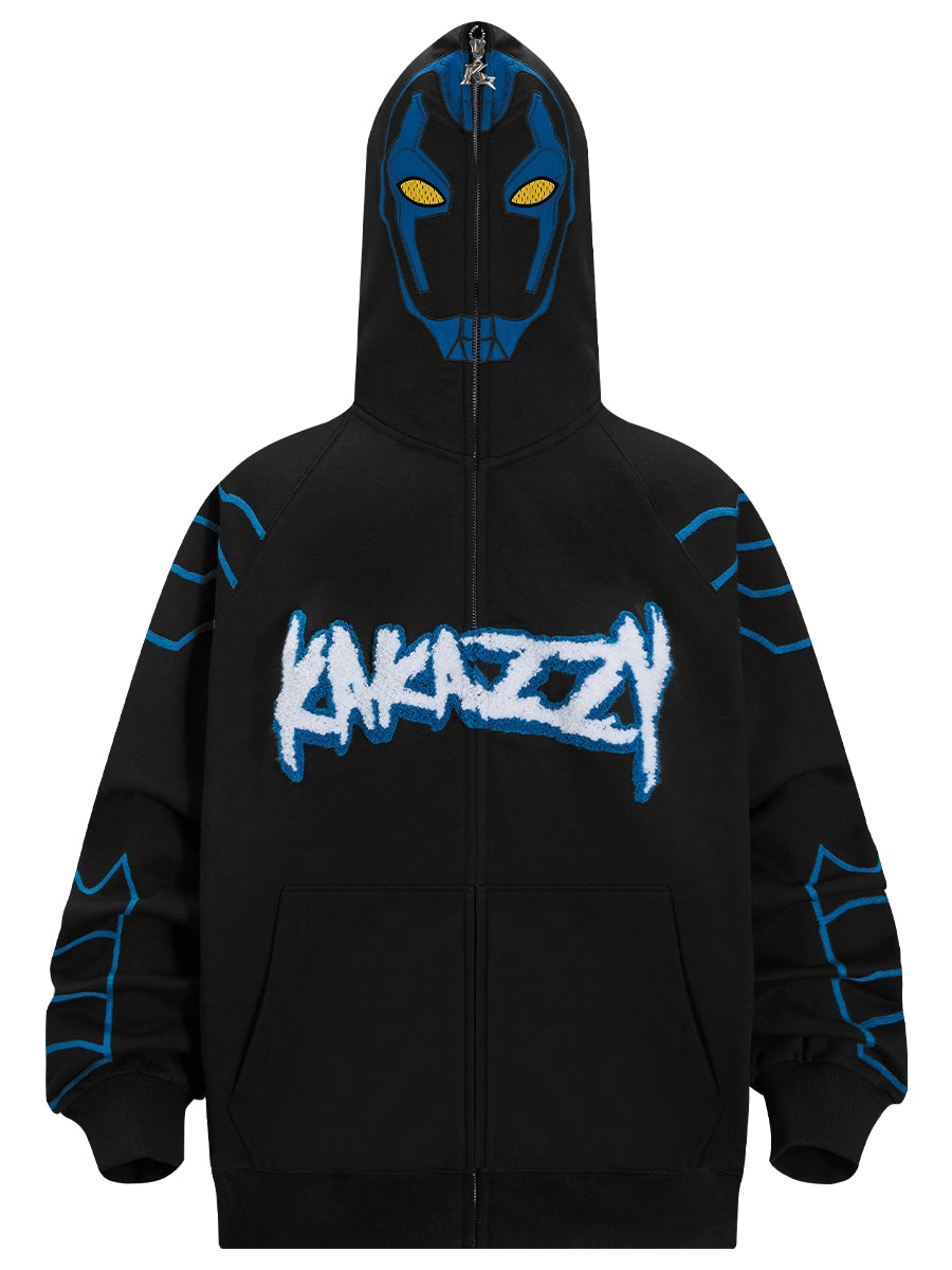 The Seakoff Cyberpunk Superhero-Inspired Hoodie is a 400GSM oversized black zip-up Sci-Fi sweatshirt featuring a stylized mask design with blue outlines and yellow eyes on the hood, "KANAZZY" in white on the front, and matching blue sleeve accents, perfect for fans of futuristic styles.