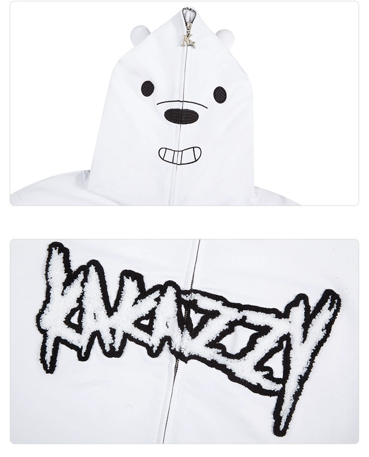 The Seakoff Cute White Bear Hoodie features a 400GSM polar bear design with a simple face, ears on the hood, and bold "KAKAZZY" text on the back for an adorable oversized fit and cozy comfort.