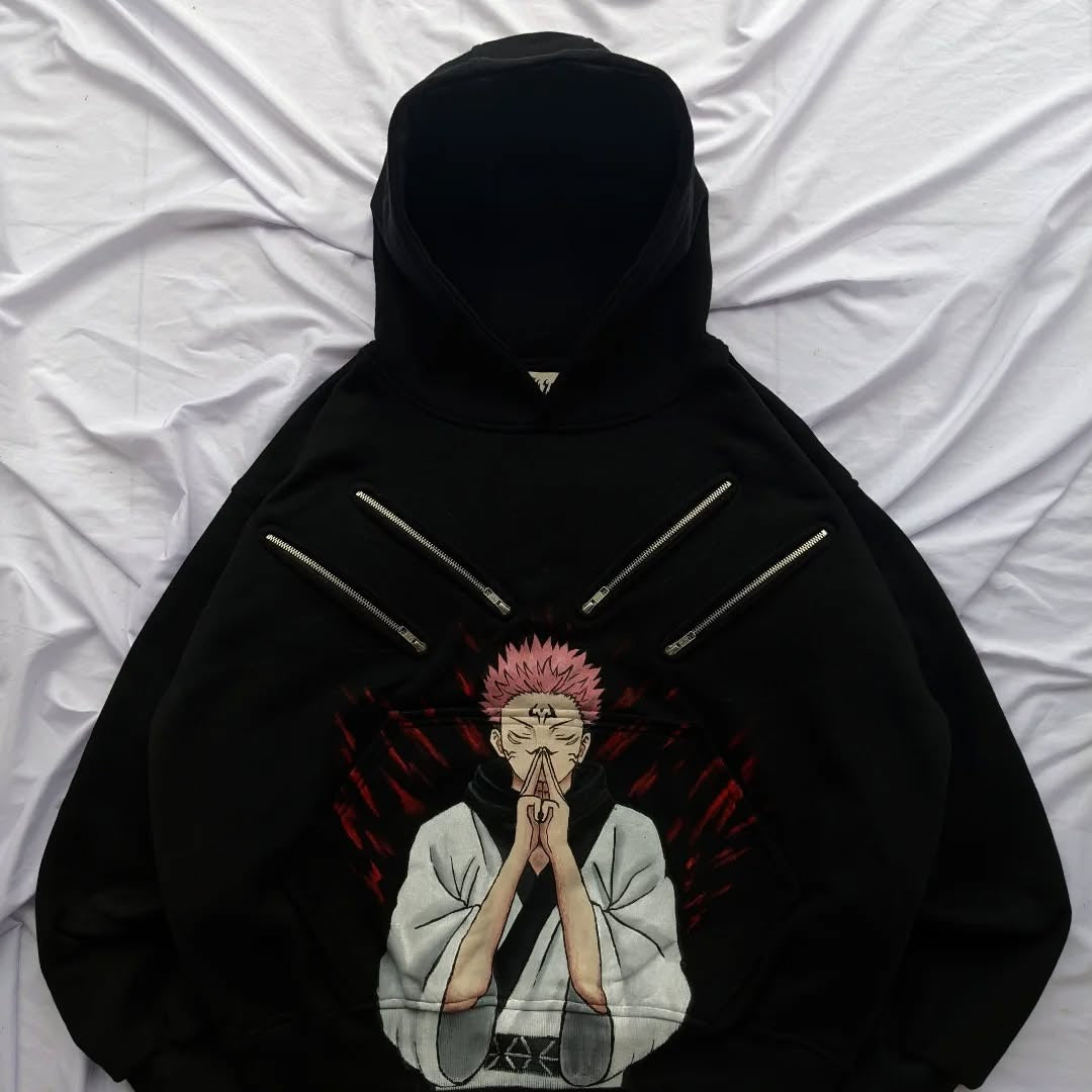 Sukuna Inspired 400GSM Heavy Cotton Hoodie with Zipper Eyes - Black