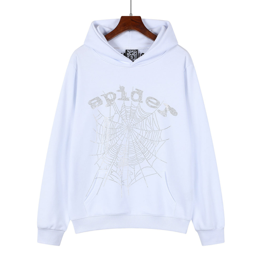 Sp5der “Crystal Web” Hoodie – White Rhinestone 440GSM Heavyweight Oversized Streetwear Pullover副本)
