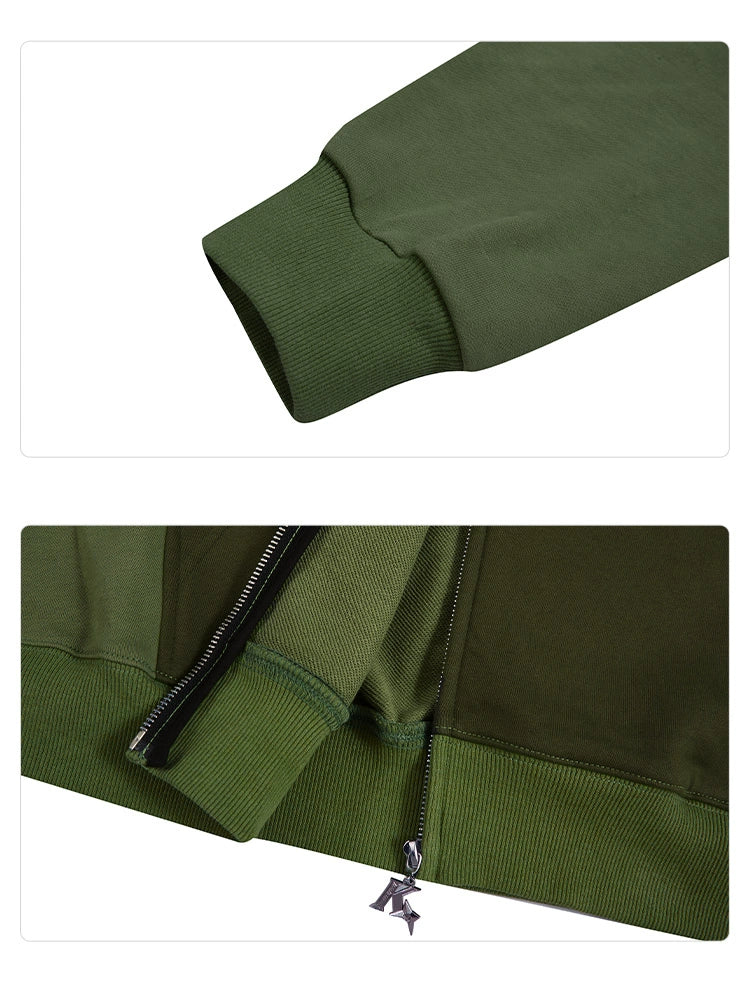Close-up images of the Seakoff Springtrap-Inspired Hoodie showcase a ribbed sleeve cuff in the top image and a detailed hem with a zipper partly unzipped, revealing a decorative metal element. Perfect for Five Nights at Freddy&