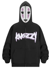 The No-Face Anime Hoodie by Spirited Away is a 400GSM oversized sweatshirt designed for anime fans. It features a white mask with black eyes, purple accents on the hood, and "KANINZZA" in stylish white font, capturing the iconic character from Spirited Away.