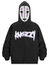 The No-Face Anime Hoodie by Spirited Away is a 400GSM oversized sweatshirt designed for anime fans. It features a white mask with black eyes, purple accents on the hood, and "KANINZZA" in stylish white font, capturing the iconic character from Spirited Away.