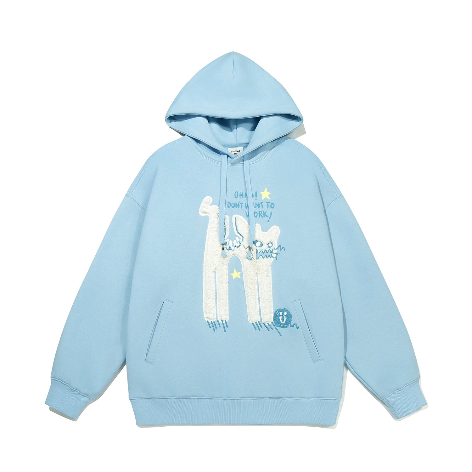 The Seakoff "Oh No! I Don’t Want to Work!" oversized hoodie in light blue features a lazy cat graphic, cartoon characters, and star accents. Ideal for casual streetwear, it includes a front pocket and drawstring hood for comfort.