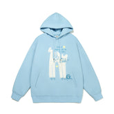 The Seakoff "Oh No! I Don’t Want to Work!" oversized hoodie in light blue features a lazy cat graphic, cartoon characters, and star accents. Ideal for casual streetwear, it includes a front pocket and drawstring hood for comfort.