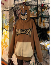 The Seakoff Freddy-Inspired Hoodie is a 400GSM oversized brown zip-up sweatshirt featuring a bear face hood and "KAWAII" text, ideal for Five Nights at Freddy&