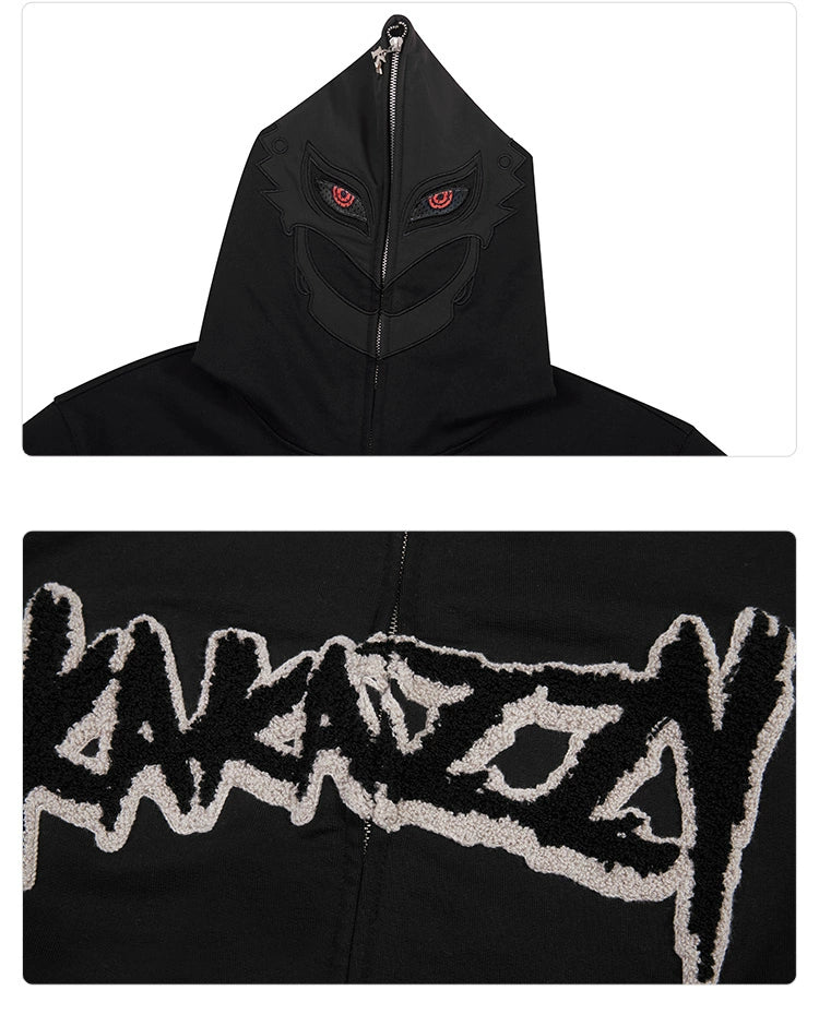 The image shows the Berserk-Inspired Griffith Dark Knight Hoodie, a 400GSM Black Zip-Up Oversized Streetwear piece by Berserk. It features a hood with a menacing mask and red eyes, echoing the dark knight&