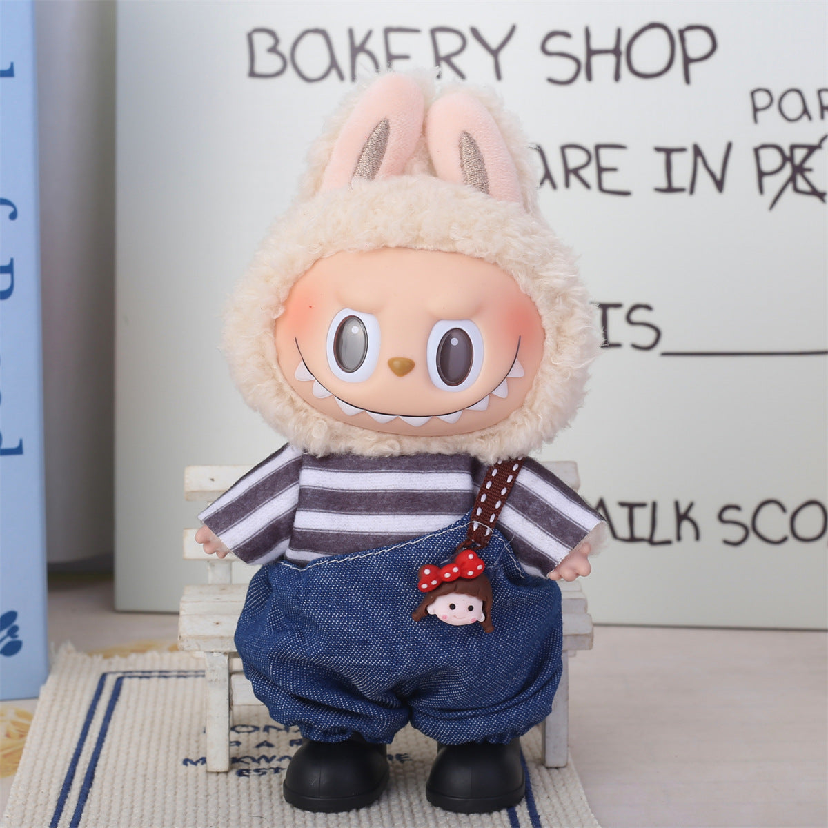 Labubu Striped Tee & Denim Harem Overalls with Character Charm – All-Series Doll Clothes