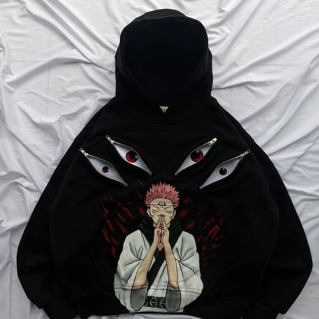 Sukuna Inspired 400GSM Heavy Cotton Hoodie with Zipper Eyes - Black