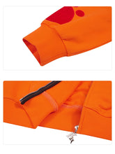 Close-up images of the Seakoff Furious Orange Bear Hoodie detail a red-embroidered sleeve cuff on premium 400GSM cotton (top) and a partially unzipped zipper with a star-shaped charm (bottom).