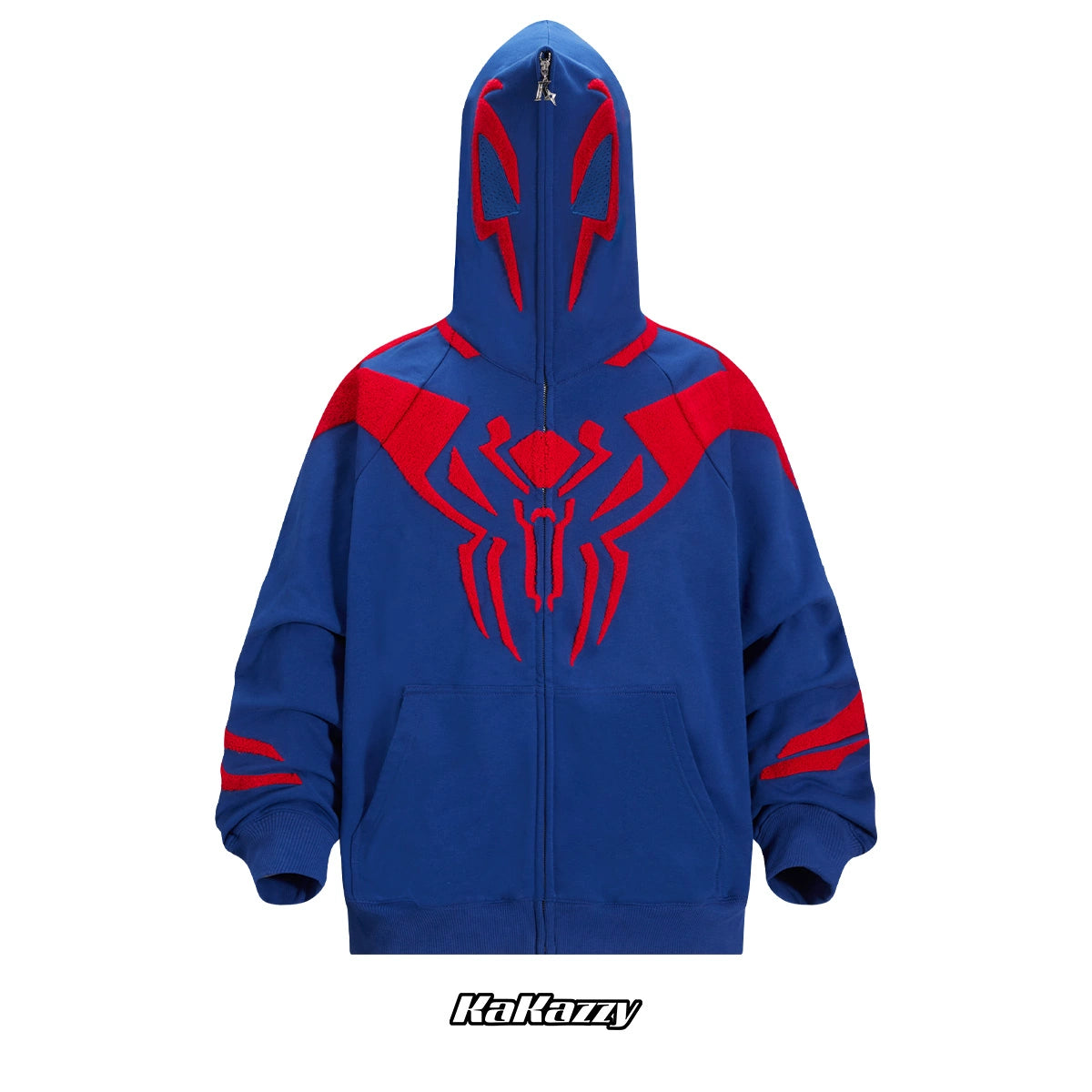 A blue and red oversized superhero hoodie with a spider-themed design and web pattern on the front and hood. Branded as "Seakoff," it&