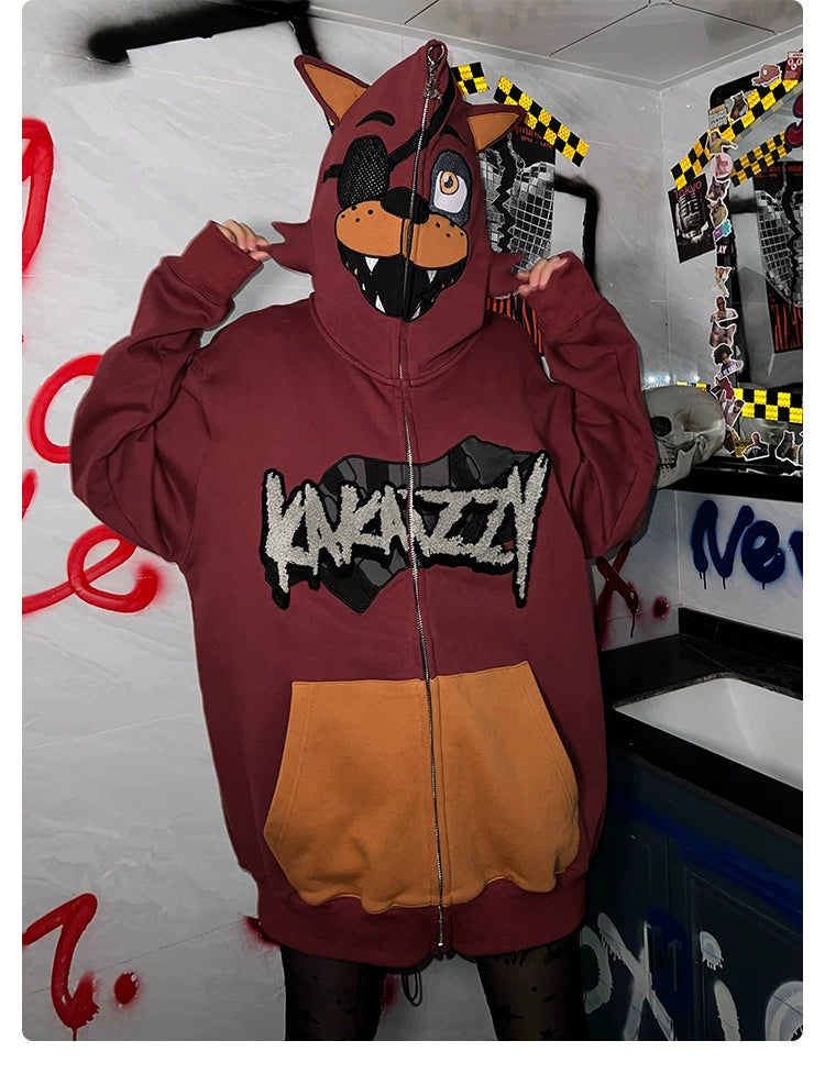 Someone is wearing a Seakoff Foxy-Inspired Hoodie, a maroon Five Nights at Freddy&