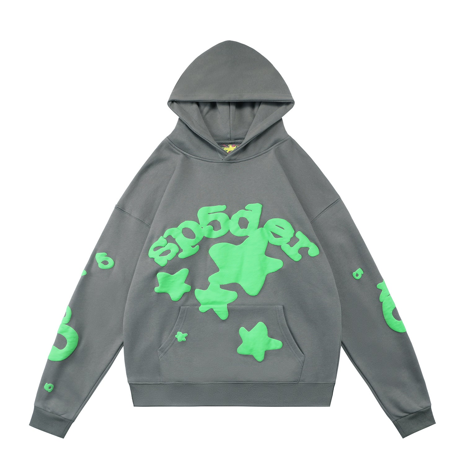 Sp5der 440GSM Heavyweight Hoodie – Grey & Neon Green Star Graphic Oversized Sweatshirt