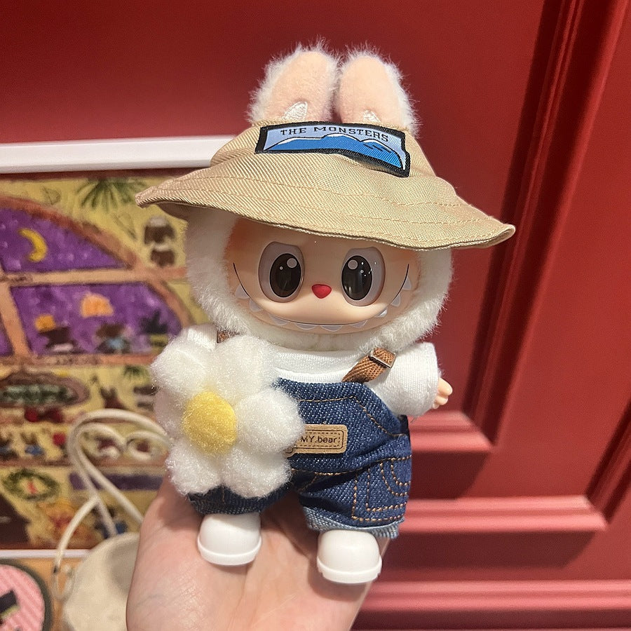 Labubu Rabbit Ear Sun Hat & Denim Overalls Outfit – All-Series Doll Clothes
