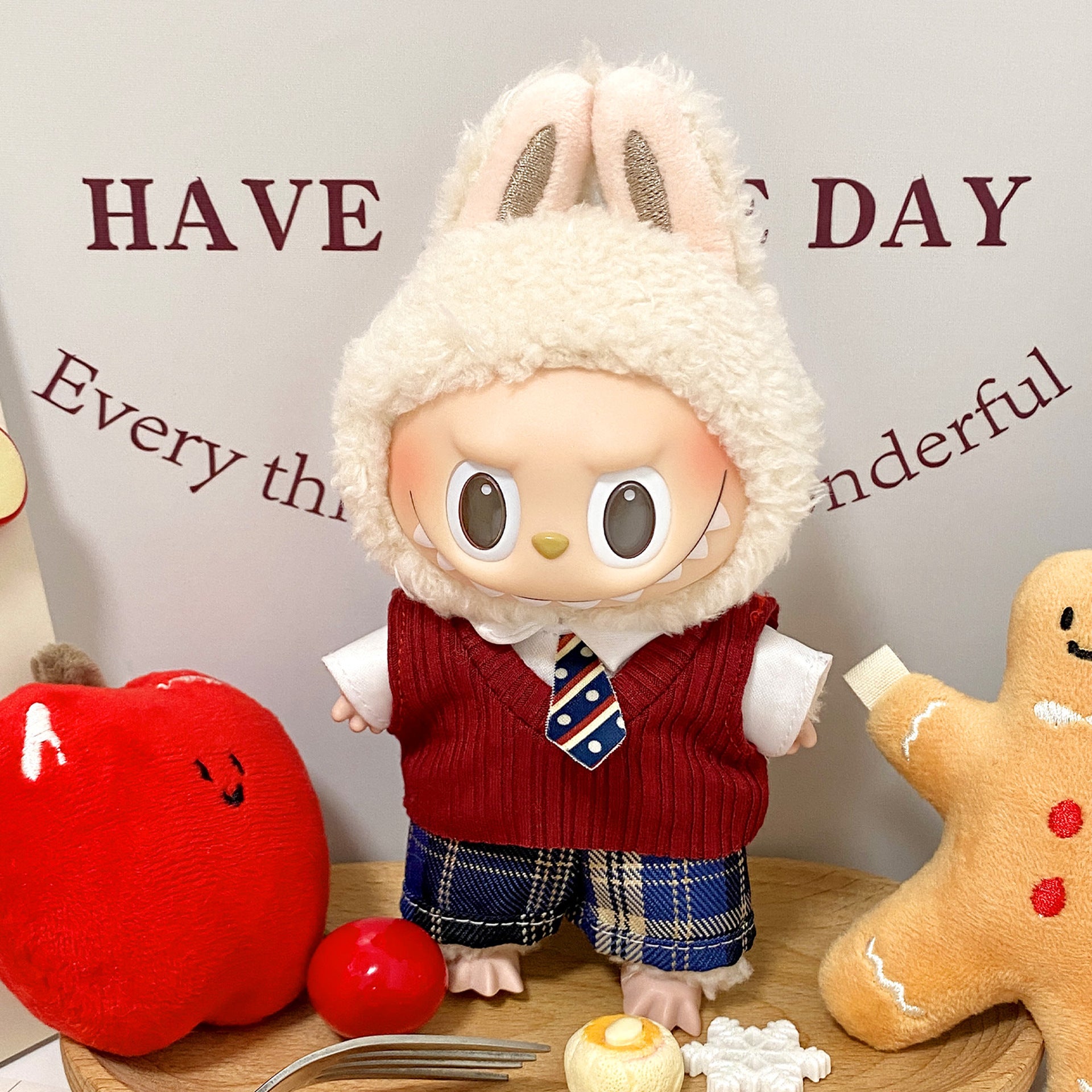 Labubu Cozy Bunny Sweater Vest & Plaid Shorts Outfit – All-Series Doll Clothes