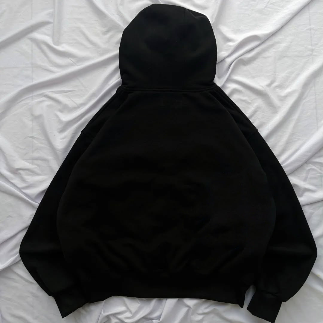 Anime-Inspired 400GSM Heavy Cotton Hoodie with Interactive Zipper Eyes - Black