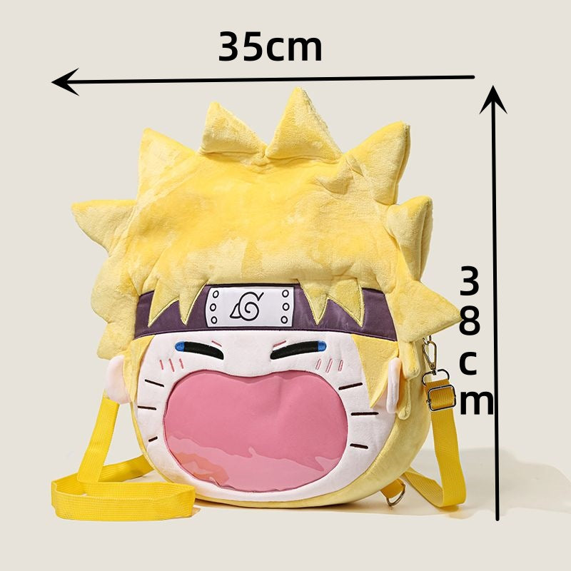 The Seakoff Naruto Uzumaki Plush Shoulder Bag features a fun anime design with spiky hair and a transparent mouth pocket. Sporting the iconic leaf symbol on the headband, it measures 35 cm by 38 cm and comes with comfy yellow straps, making it a perfect accessory for any Naruto fan.
