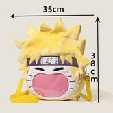 The Seakoff Naruto Uzumaki Plush Shoulder Bag features a fun anime design with spiky hair and a transparent mouth pocket. Sporting the iconic leaf symbol on the headband, it measures 35 cm by 38 cm and comes with comfy yellow straps, making it a perfect accessory for any Naruto fan.
