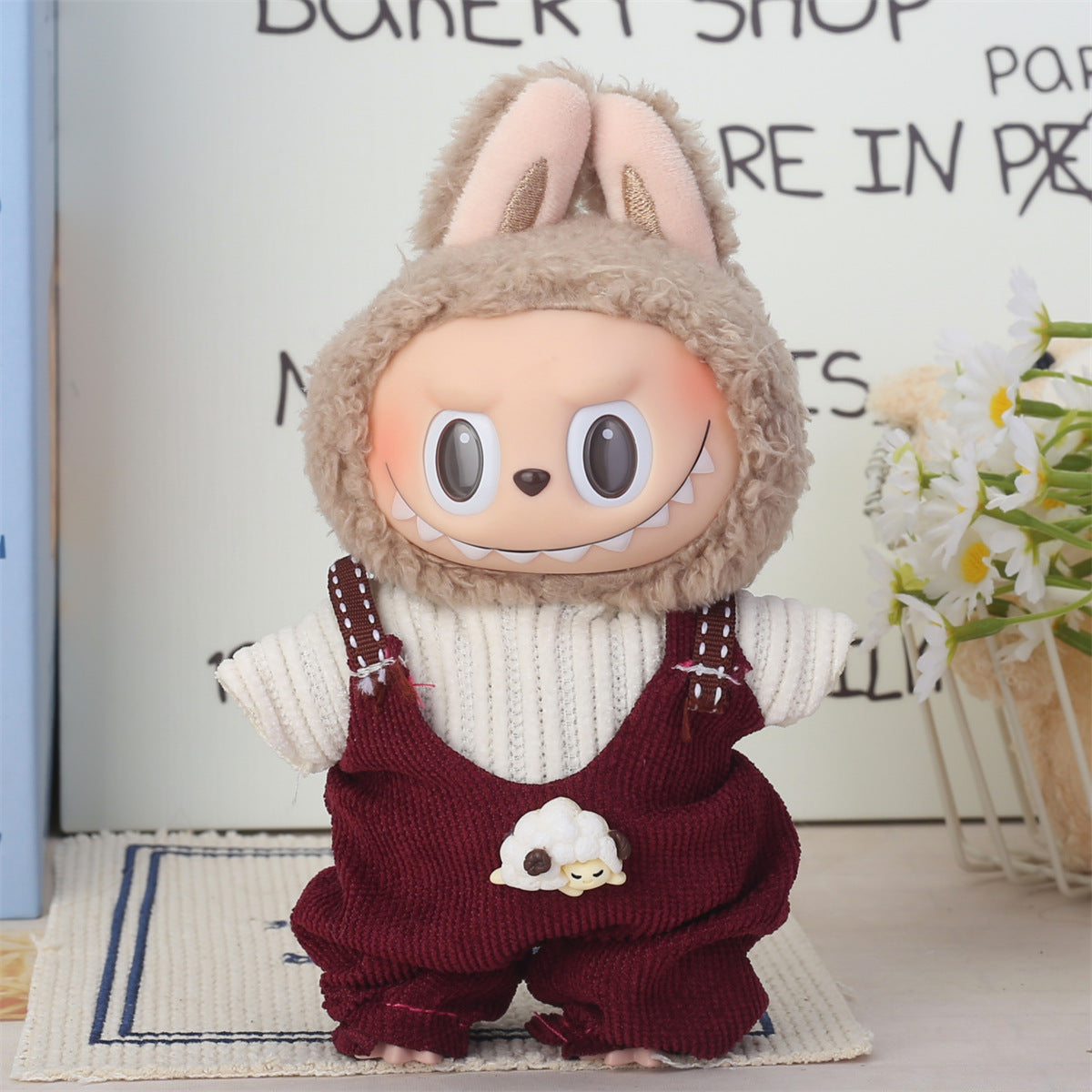 Labubu Cream Sherpa Hoodie & Burgundy Corduroy Overalls Outfit – All‑Series Doll Clothes