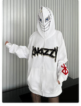 A person stands against a striped background wearing the Berserk Griffith-Inspired Hoodie, a white oversized zip-up sweatshirt featuring a face graphic on the hood, bold "AMAZZY" lettering, and a red design on the right sleeve. Perfect for anime fans!.