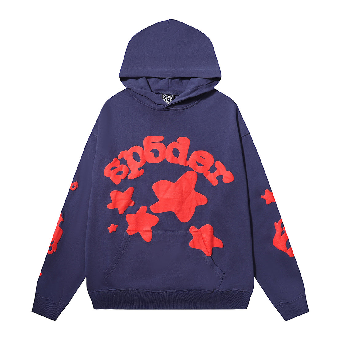 Sp5der 440GSM Heavyweight Hoodie – Navy Blue with Red Star Puff Print Streetwear Pullover