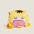 The Seakoff Miya Atsumu Plush Shoulder Bag is essential Haikyuu!! merchandise for fans, featuring a cartoon face with cat-like ears, light brown hair, and a transparent mouth pocket. The yellow bag has a pink and white surprised expression face with matching yellow straps.