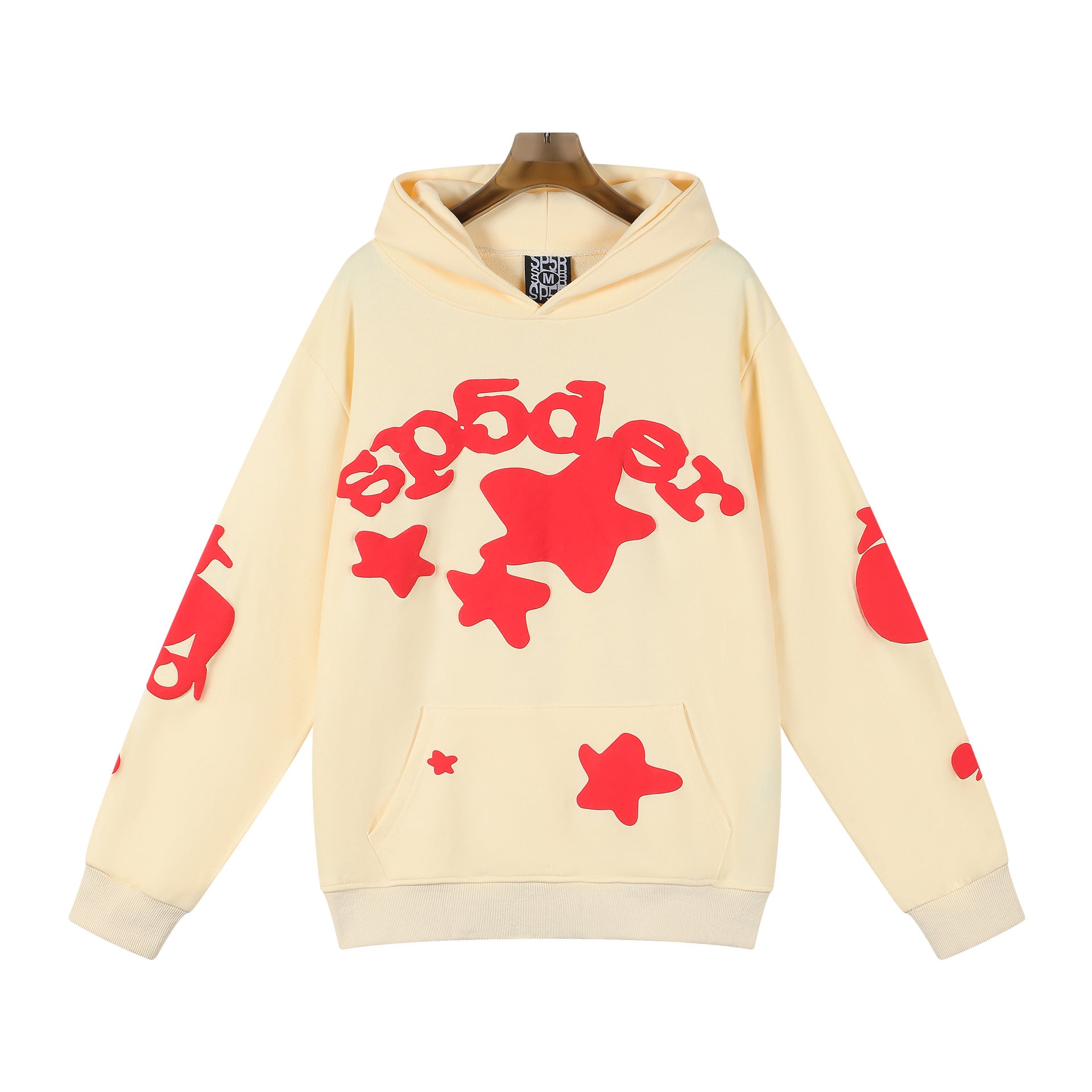 Sp5der 440GSM Heavyweight Star Hoodie – Cream with Red Puff Print Oversized Streetwear Pullover