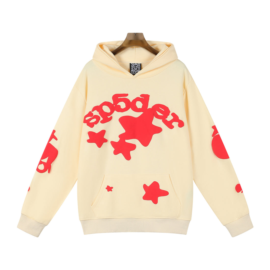 Sp5der 440GSM Heavyweight Star Hoodie – Cream with Red Puff Print Oversized Streetwear Pullover
